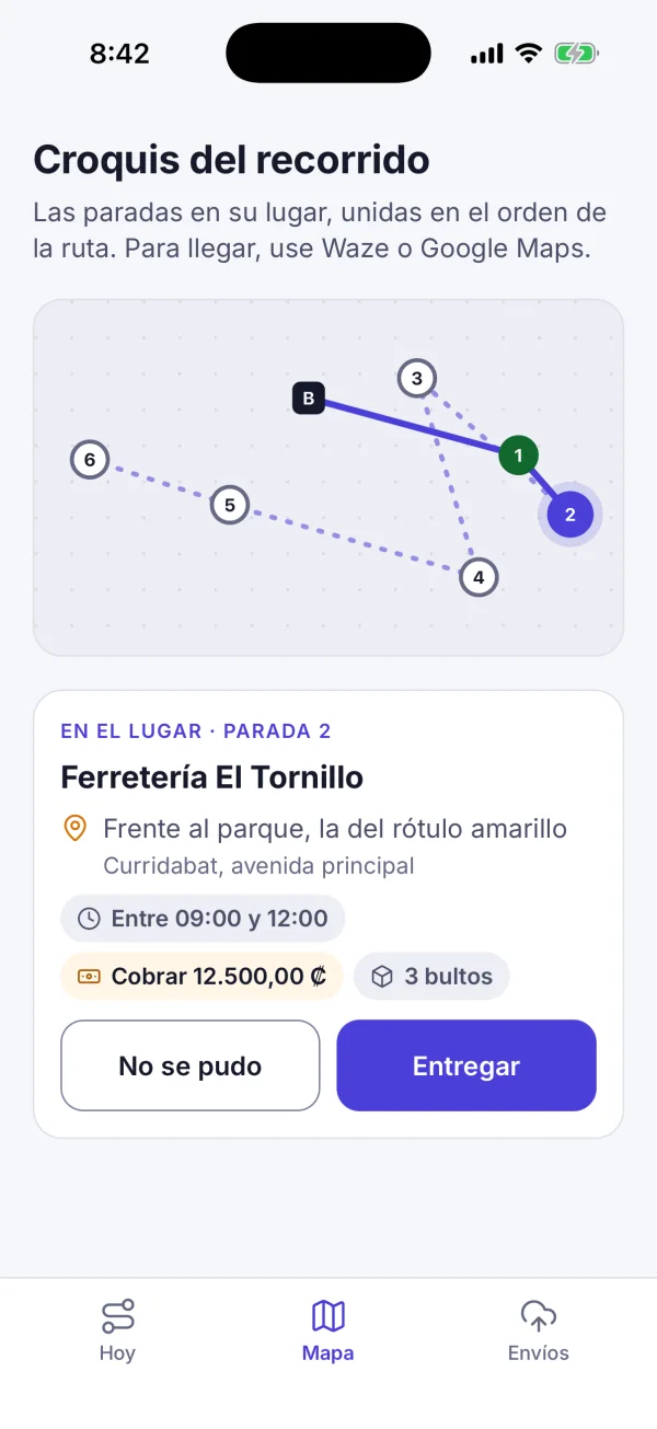 La app del conductor con el croquis del recorrido: la bodega y las paradas numeradas, unidas en el orden de la ruta, con las entregadas en verde.