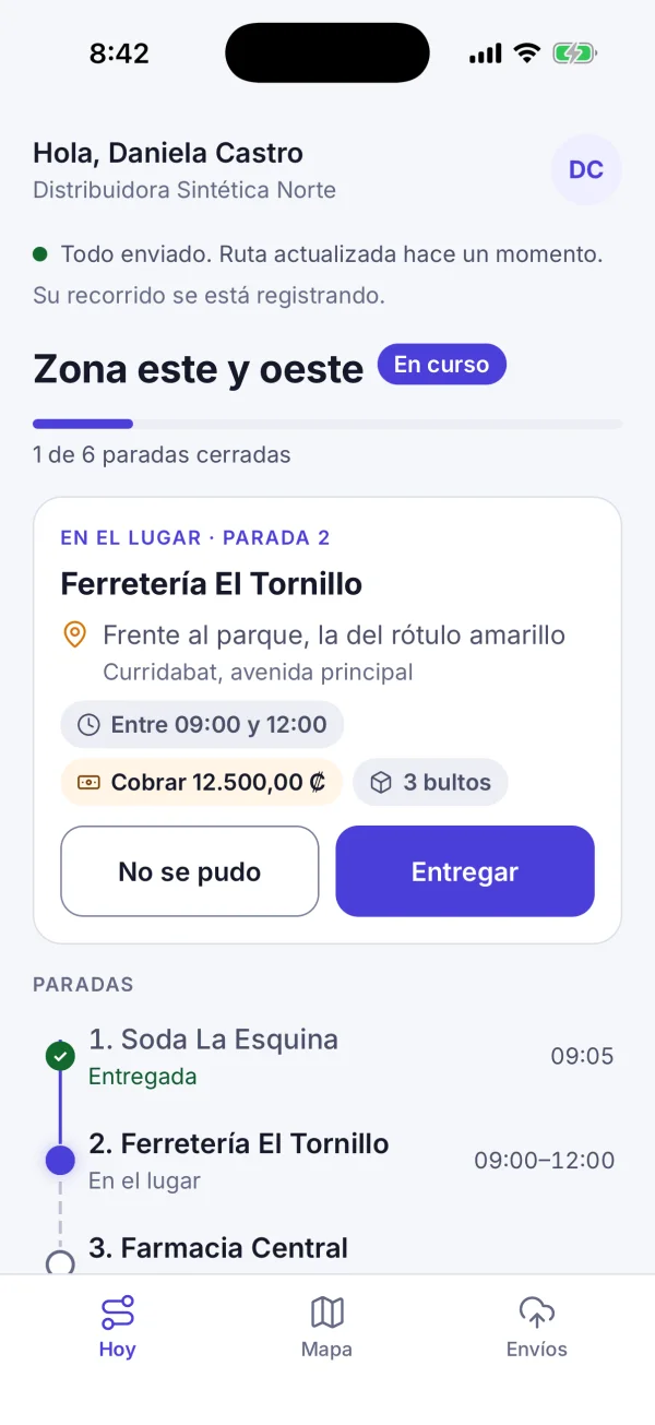 La app del conductor con la próxima parada al frente.