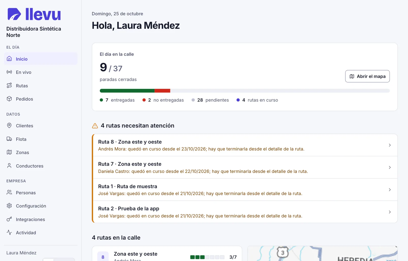 El inicio del panel: las paradas cerradas del día en la calle, las rutas que necesitan atención con su motivo y cada ruta con una celda por parada.